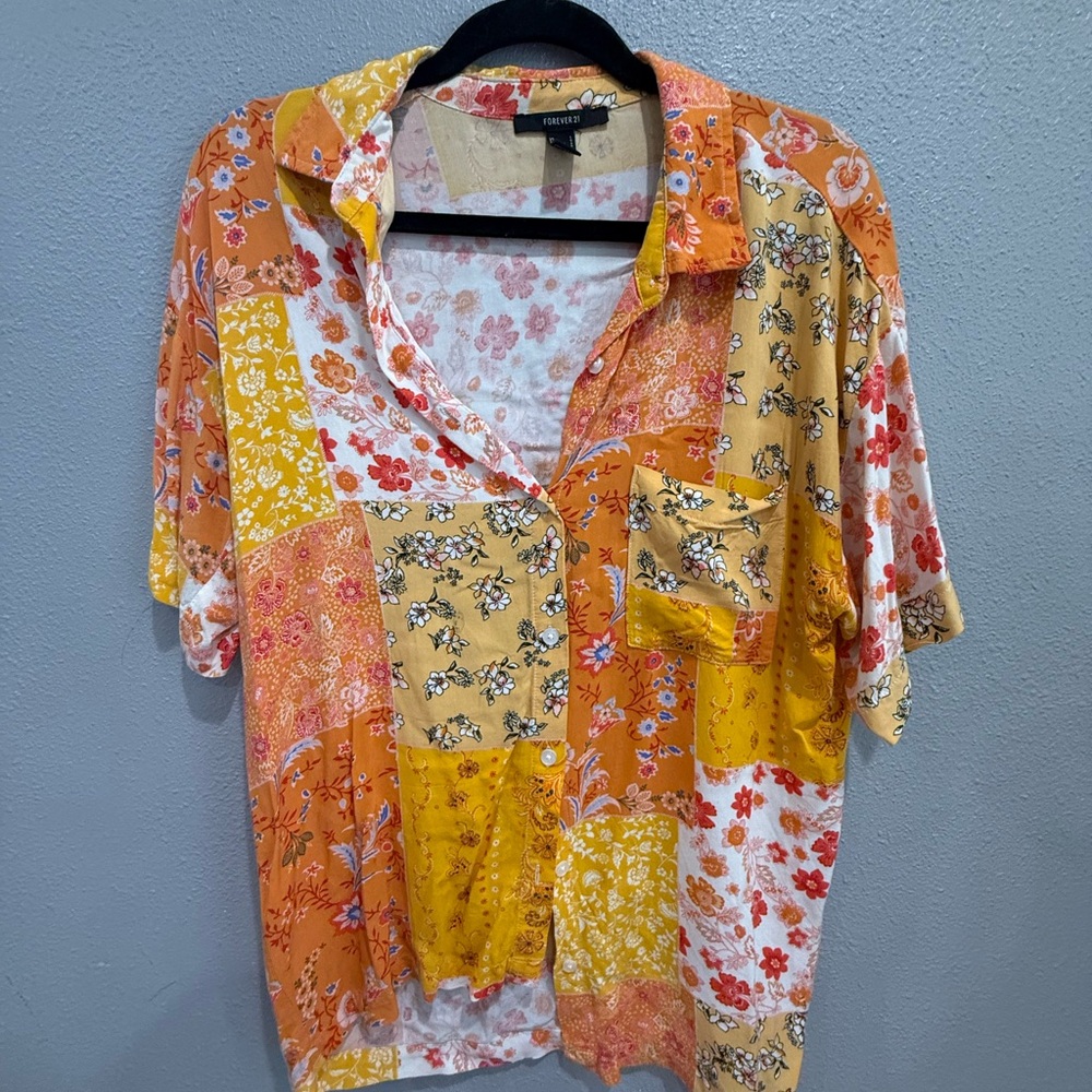 Forever 21 button down Vibrant Patchwork Shirt sz L